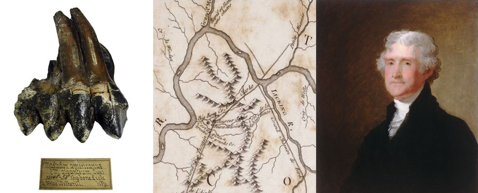 Thomas Jefferson was fascinated by the bones at Big Bone Lick. Mastodon tooth from Jefferson’s Big Bone Lick collection at the Academy of Natural Sciences in Philadelphia. Part of Filson’s (1785) map of the Ohio River, showing Big Bone Lick, from Lafon Allen Maps Collection, University of Louisville, Louisville, Ky. Thomas Jefferson by Gilbert Stuart, c. 1805, oil on panel, National Portrait Gallery.